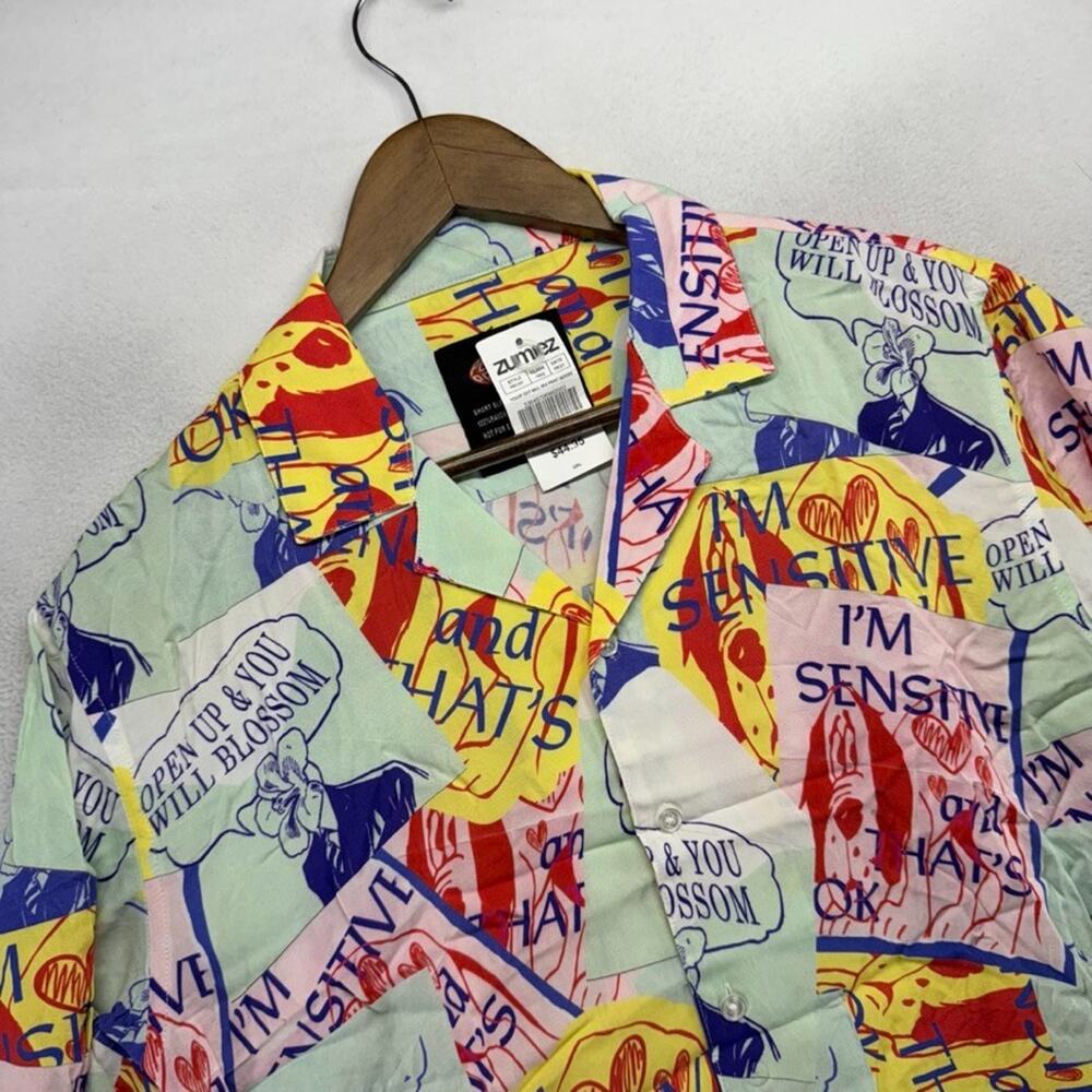 Petals And Peacocks Shirt Mens Medium Youve Got Mail Mix Print Woven Graphic NEW